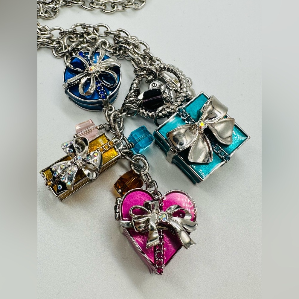 Ritzy Couture Christmas Present Charm Necklace Silver Tone Chain Link locket
